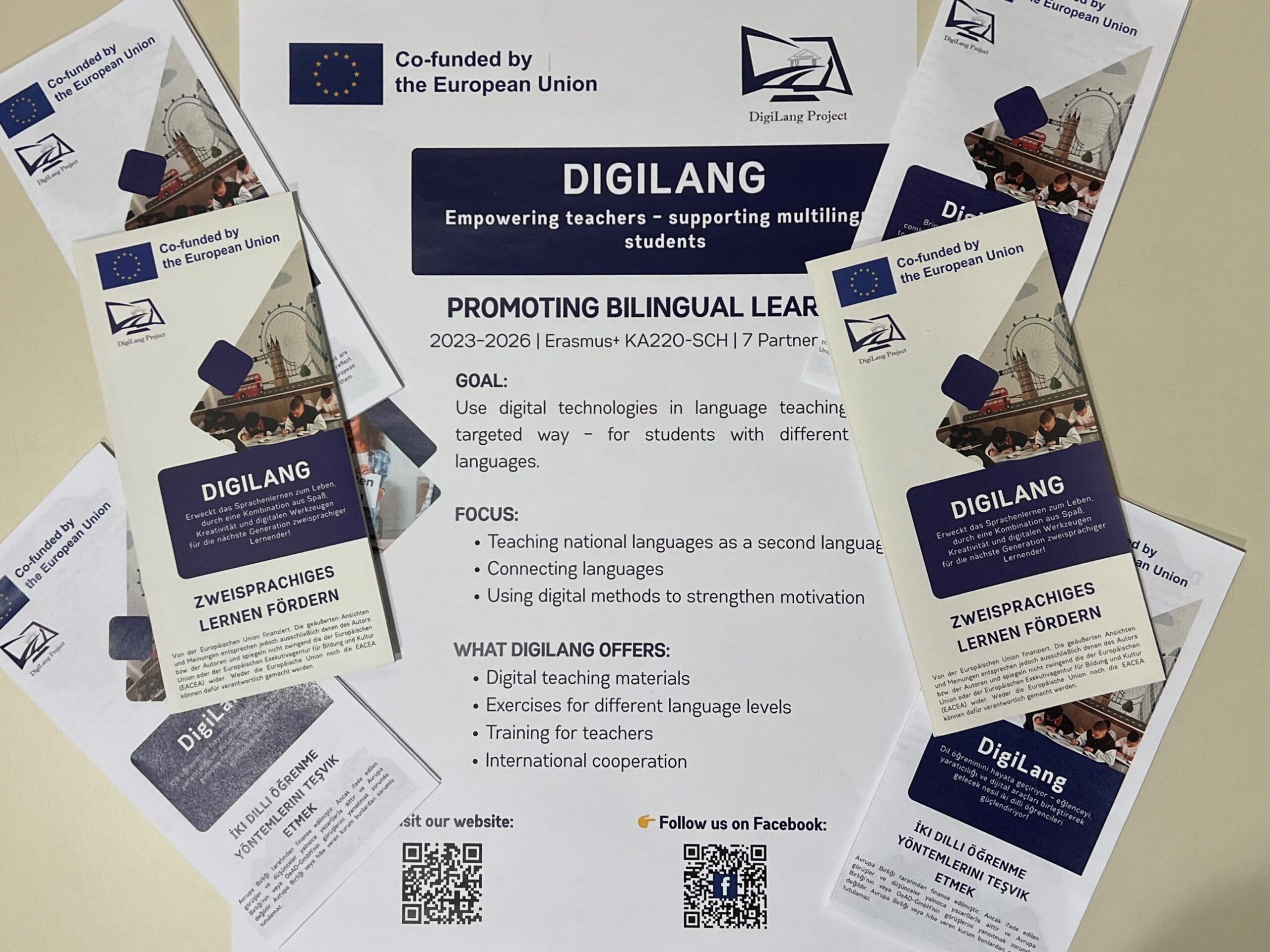 DigiLang Poster und Flyer auf dem Tisch aufgelegt
