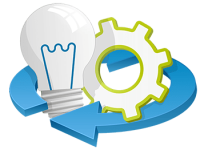 KV_Methodik_Didaktik_ipcenter Icon das einen Pfeil zeigt, der eine Glühbirne und ein Zahnrad umfasst
