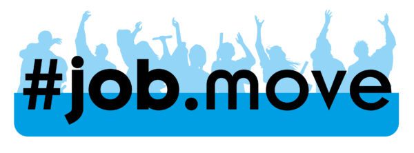 Logo von #job.move: Schwarze Schrift, blauer Hintergrund mit tanzenden Menschen