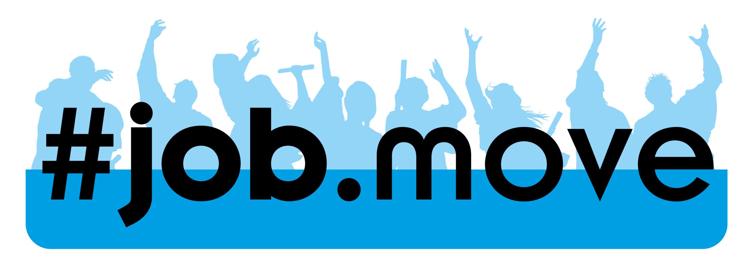 Logo von #job.move: Schwarze Schrift, blauer Hintergrund mit tanzenden Menschen