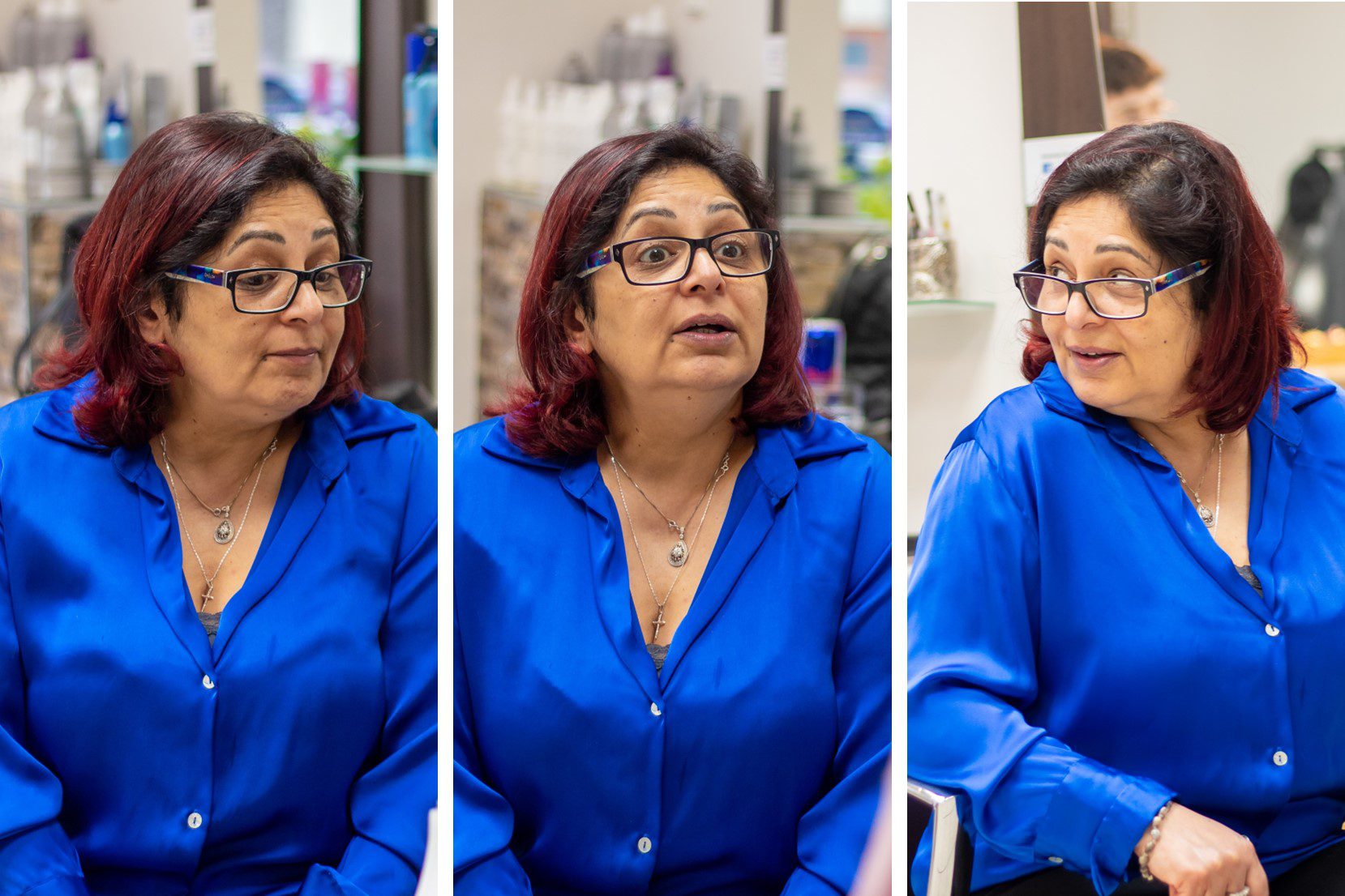 Die Inhaberin des Friseurs "Hairstyle am Europlatz" im Gespräch, zu sehen in 3 verschiedenen Posen 