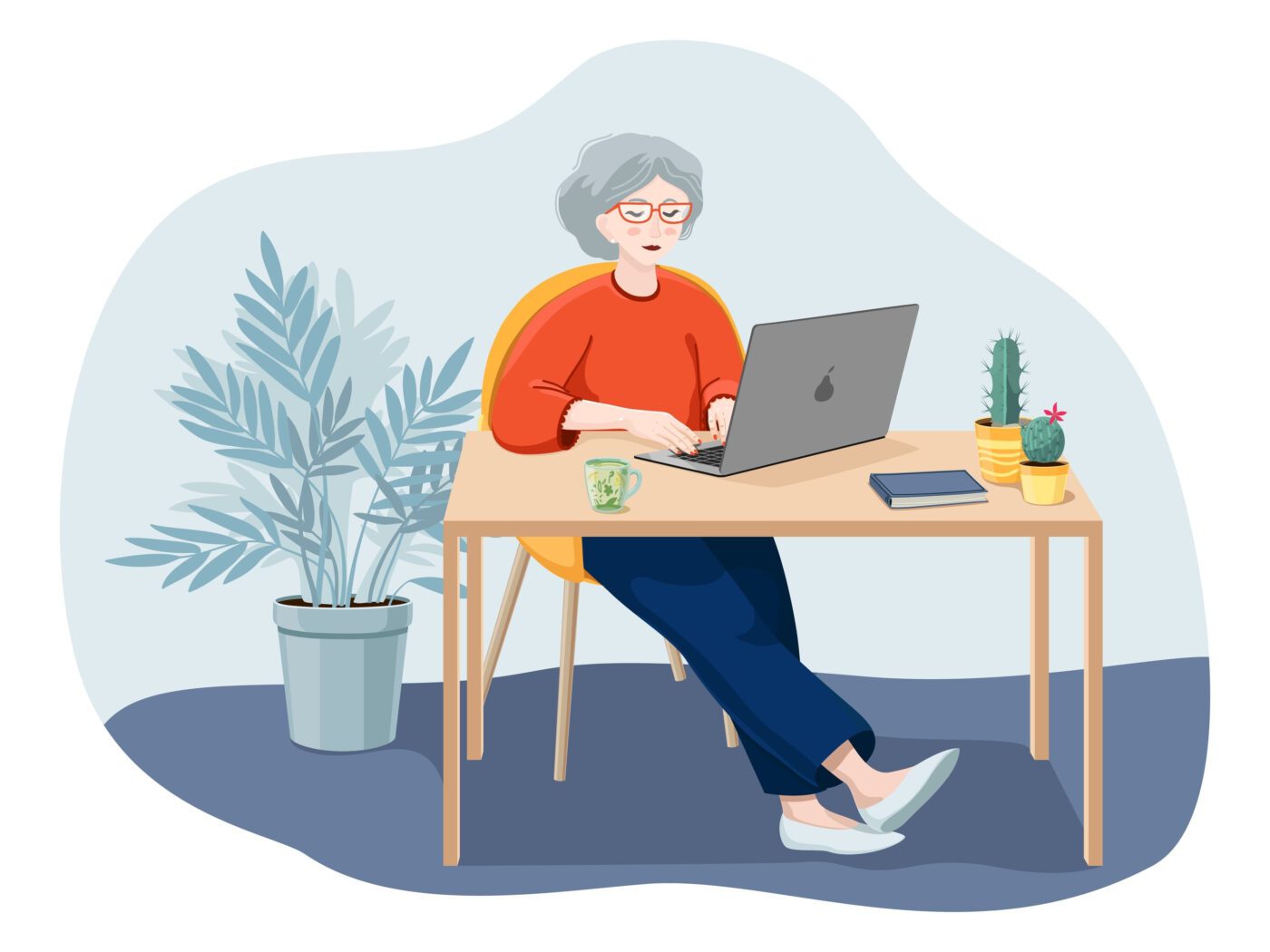 gezeichnete Dame vor einem Laptop