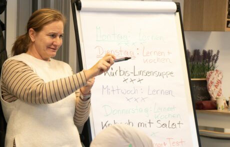 mit-dem-jugendcollege-auf-bildungsreise-ipcenter Eine Trainerin steht vor einer Papiertafel und erklärt ihren Schüler:innen etwas.