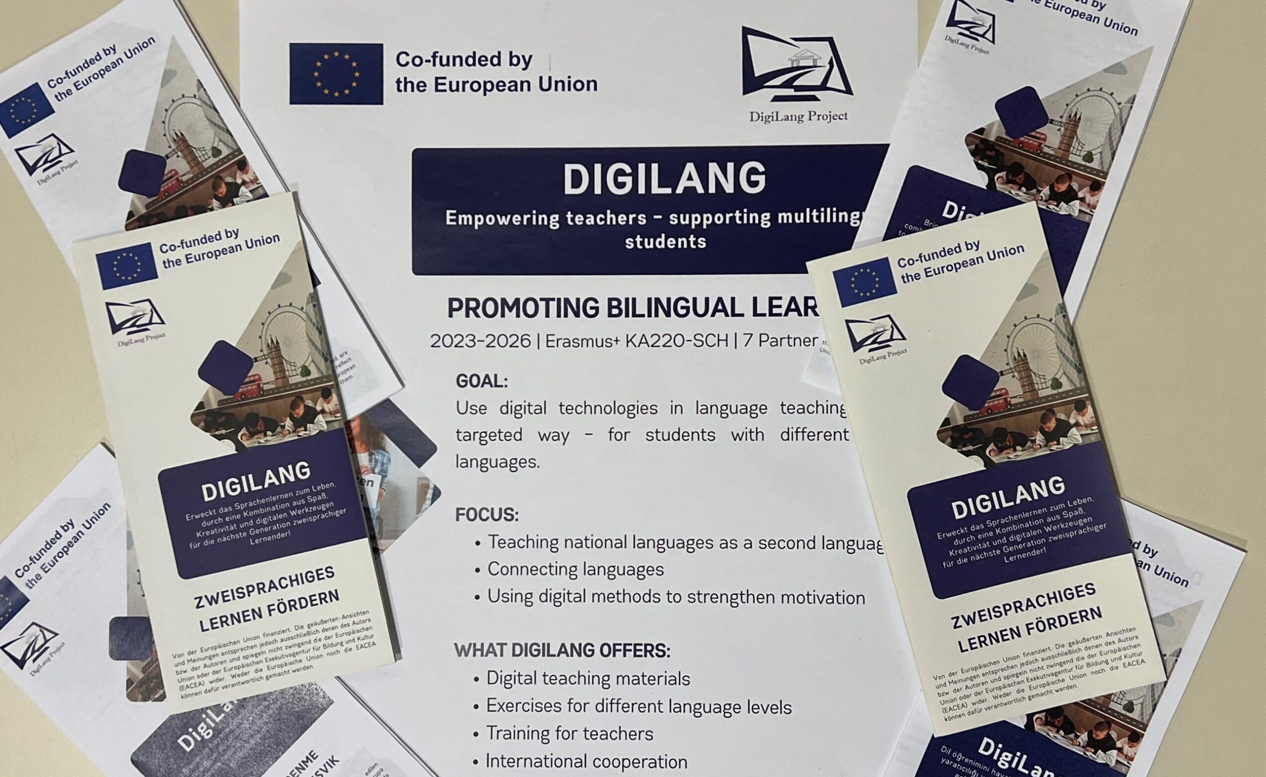 DigiLang Poster und Flyer auf dem Tisch aufgelegt