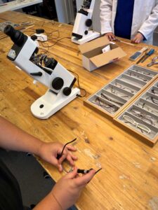 Lehrling der ÜBA Augenoptik beim Brillenrahmen richten